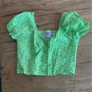 Princess polly ruffle puff sleeve lime green crop top button up festival shirt
